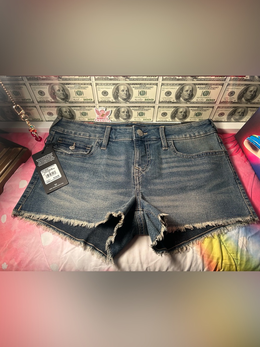 True Religion Blue Denim Frayed Hem Womens Shorts